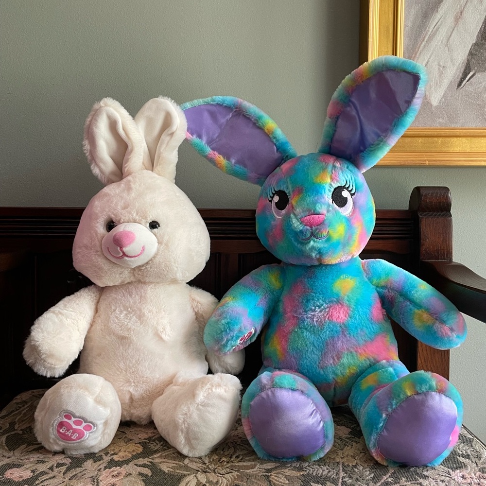 2 Build-A-Bear cream and colorful Plush Bunny Toy
